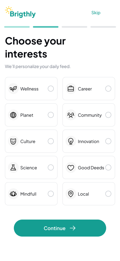 Brightly interest selection screen