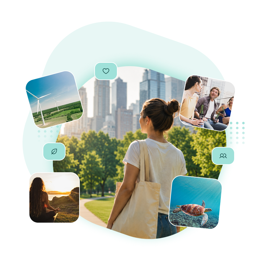 Brightly onboarding illustration featuring a person surrounded by positive-life imagery