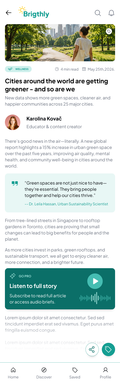 Brightly single article reading screen