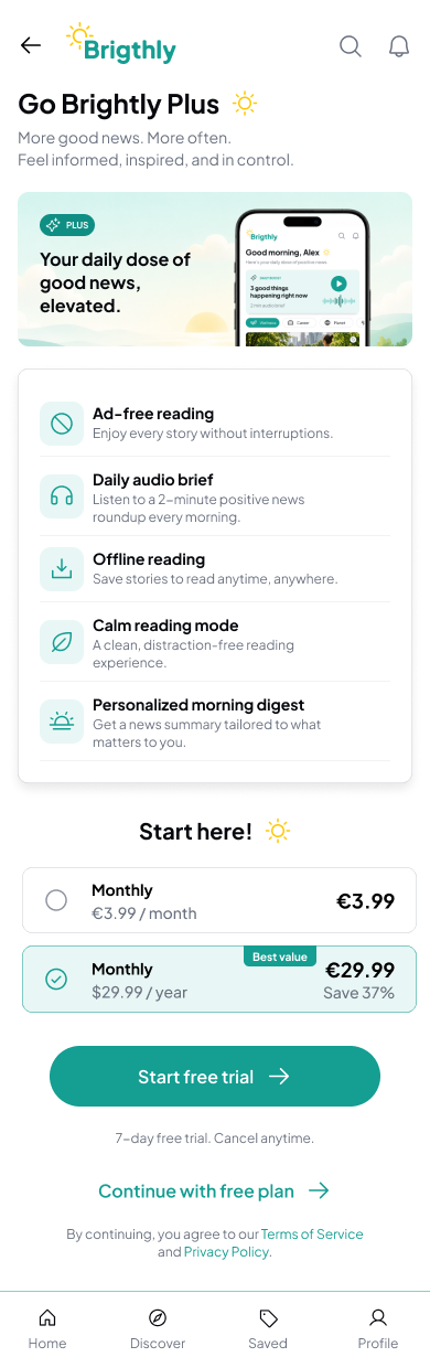 Brightly Plus subscription screen
