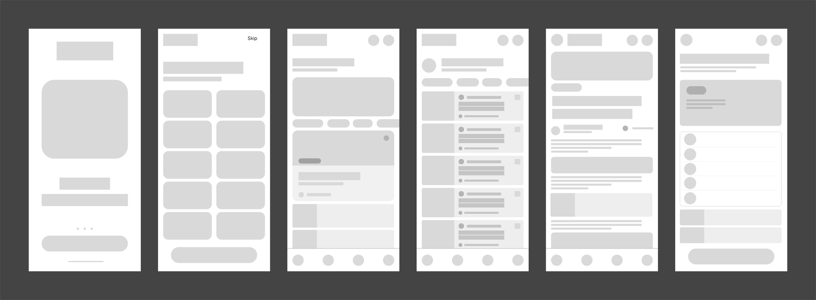 Low-fidelity wireframes for Brightly intro, interests, home, saved, article and subscription screens