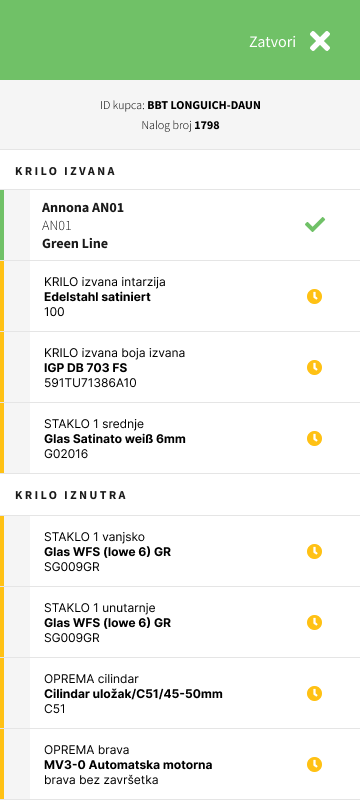 Adoro Türen part list and status screen
