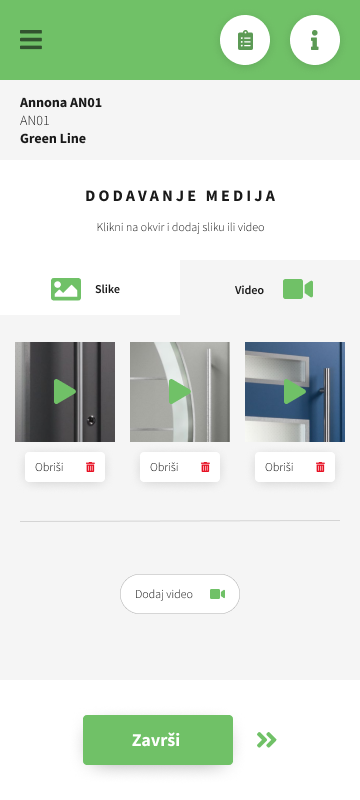 Adoro Türen media and video upload screen