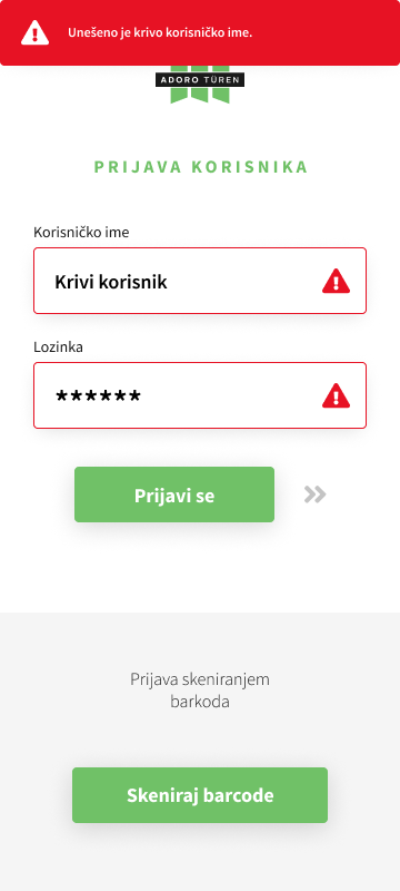 Adoro Türen login validation screen