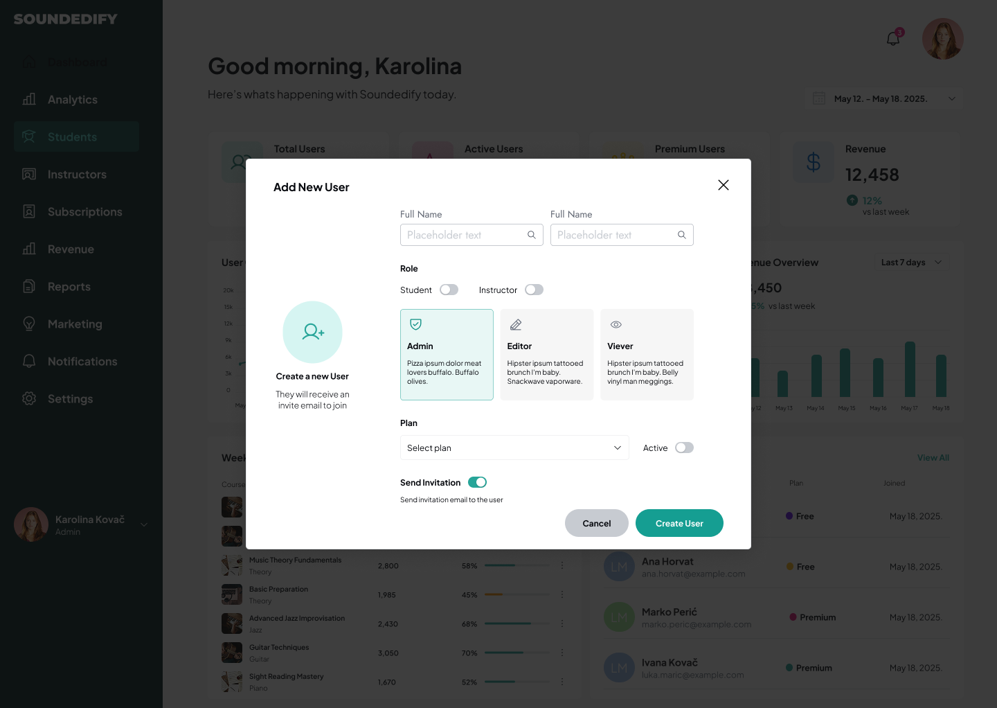 Soundedify add new user administrator modal