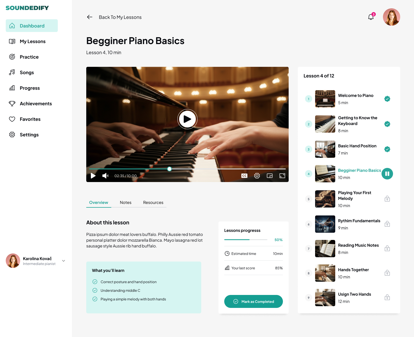 Soundedify single lesson interface with video player and lesson list